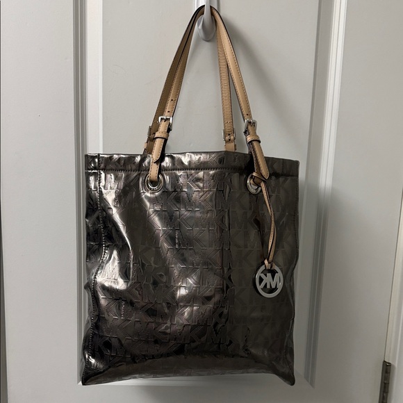 Michael Kors Handbags - Michael Kors Shiny Silver and Tan Tote